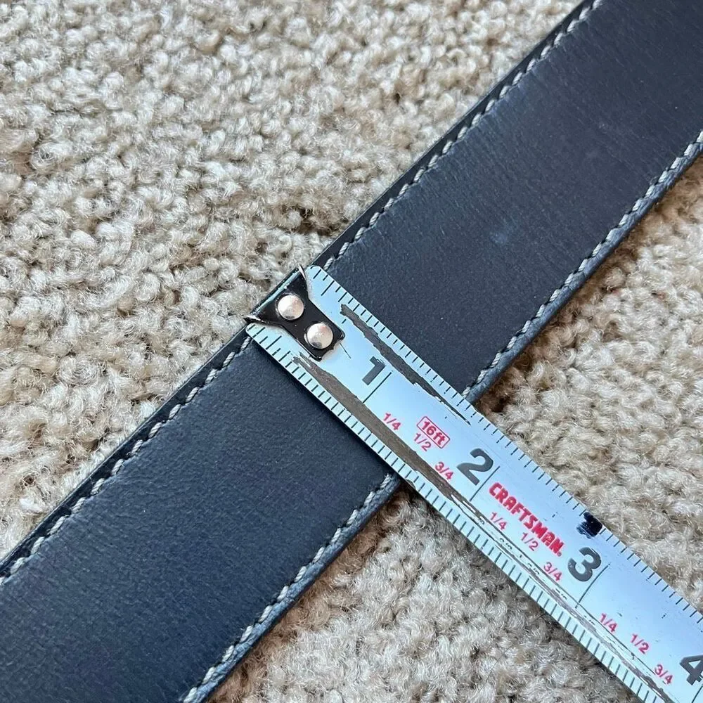 Black Leather Belt Sz 40 Contrast Stitch Silver Roller Buckle Y2K